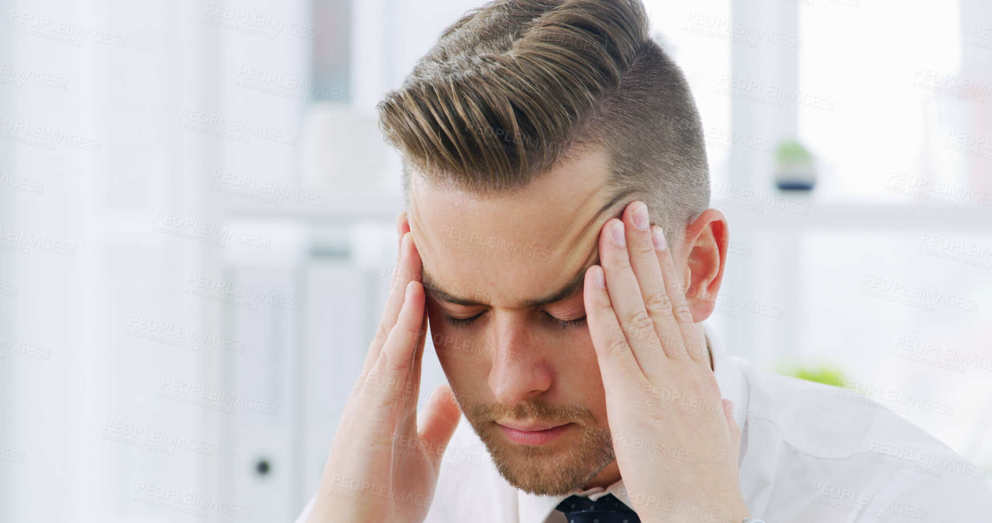 Buy stock photo Business, man and stress with headache in office for work pressure, strain discomfort and burnout. Male person, migraine and brain fog for overworked, workload tension or vertigo with deadline crisis