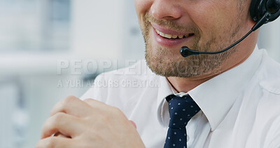 Buy stock photo Mouth, call center and smile with business man for banking, loan and question. Lips, contact us and happy agent speaking for financial assistance, account inquiry and explain investment service