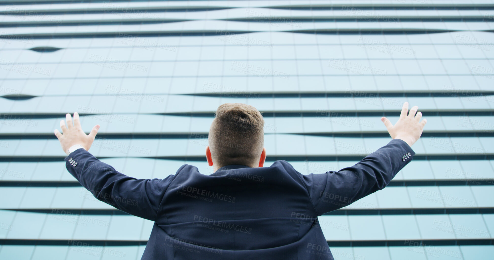 Buy stock photo Success, winner and back of business man in city for career growth, promotion and cheering. Celebration, professional goals and freedom with low angle of person for target, good news and energy