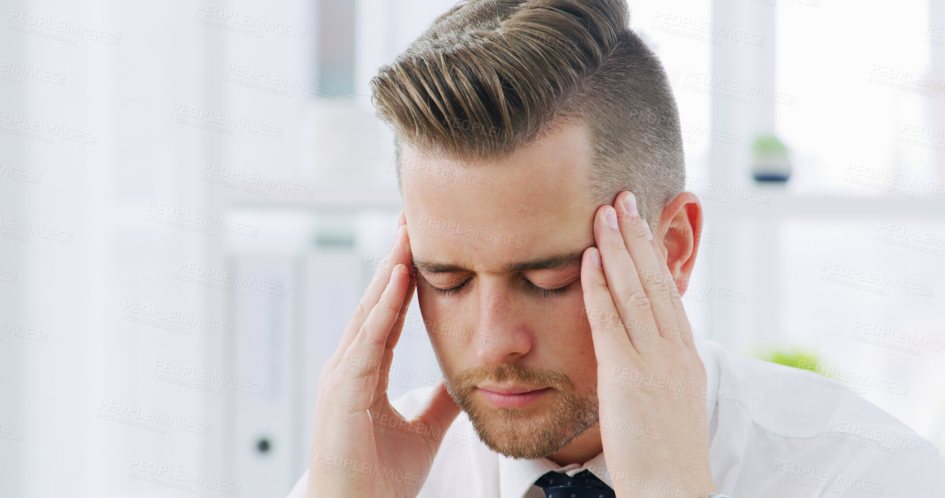 Buy stock photo Corporate, man and stress with headache in office for work pressure, strain discomfort and burnout. Male person, migraine and brain fog for overworked, workload tension and vertigo of deadline crisis