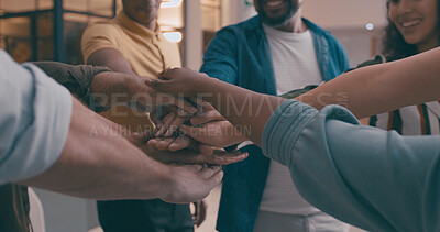 Buy stock photo Hands, stack and team at office with motivation, support or synergy with goals in circle at startup. People, group and huddle at workplace for celebration, success or collaboration at creative agency