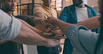 Hands, stack and group at office for motivation, support or solidarity for goal in circle at startup. People, team and huddle at workplace for celebration, success or collaboration at creative agency