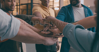 Buy stock photo Hands, stack and group at office for motivation, support or solidarity for goal in circle at startup. People, team and huddle at workplace for celebration, success or collaboration at creative agency