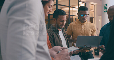 Buy stock photo Team, tech and meeting with business people in office for research, app developer and project launch. Digital, software engineer and networking with employees in startup agency for connection