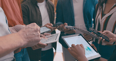 Buy stock photo Team, tech and hands with business people in office for research, marketing graph and update. Digital, project timeline and calendar schedule with employees in startup for meeting and planning