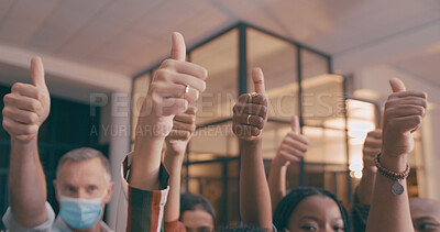 Buy stock photo Business people, hands or night with team or thumbs up for agreement or feedback in office. Group, employees or solidarity with like emoji, yes sign or OK for diversity or inclusion in workplace