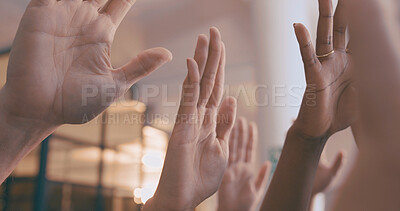 Buy stock photo Group, raised hand and closeup at office for meeting, question and answer for problem solving at company. People, team and gesture for feedback, solution and vote for proposal at creative agency