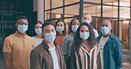 Business people, portrait and mask for team at startup, confident or office safety for germs at company. Men, women and group with ppe for healthcare risk, infection and bacteria at creative agency