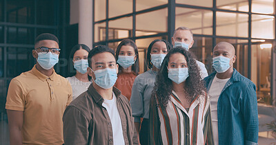 Buy stock photo Business people, portrait and mask for team at startup, confident or office safety for germs at company. Men, women and group with ppe for healthcare risk, infection and bacteria at creative agency
