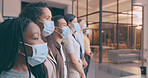 Row, people and waiting room with face mask in office for social distance, compliance and safety. Staff, team and meeting for health check, workplace ppe and policy to stop virus with risk management