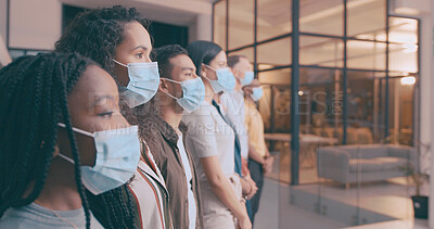 Buy stock photo Row, people and waiting room with face mask in office for social distance, compliance and safety. Staff, team and meeting for health check, workplace ppe and policy to stop virus with risk management