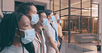 Group, people and waiting room with face mask in office for social distance, compliance and safety. Staff, team and meeting for health check, workplace ppe and policy to stop virus of risk management