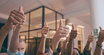 Business people, hands or team with thumbs up in office for night, agreement or feedback. Group, employees or solidarity with like emoji, yes sign or OK for staff diversity or inclusion in workplace