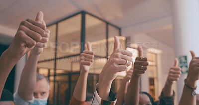 Buy stock photo Business people, hands or team with thumbs up in office for night, agreement or feedback. Group, employees or solidarity with like emoji, yes sign or OK for staff diversity or inclusion in workplace