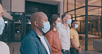Row, man and staff with face mask in office for social distance, compliance and safety. People, employees and waiting room for health check, workplace ppe and policy to stop virus of risk management