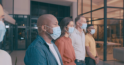 Buy stock photo Row, man and staff with face mask in office for social distance, compliance and safety. People, employees and waiting room for health check, workplace PPE and policy to stop virus of risk management