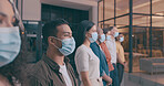 Row, business and people with face mask in office for social distance, compliance and safety. Man, staff and waiting room for health check, workplace ppe and policy to stop virus with risk management