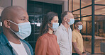 Business people, face mask and meeting at startup, office and social distancing for virus at company. Men, woman and group with ppe in waiting room for bacteria, covid and safety at creative agency