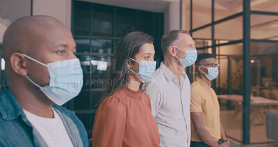 Buy stock photo Business people, face mask and meeting at startup, office or social distancing for virus at company. Men, woman or group with PPE in waiting room for bacteria, compliance or safety at creative agency