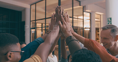 Buy stock photo Happy, business people and night with hands together for teamwork, success or support in office. Group, employees or colleagues with high five in solidarity for staff deadline, mission or unity