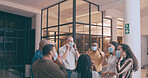 Team, discussion and business people with face mask in office for social distance, talking and safety. Staff, ppe and employees with health protocol, policy or stop virus together in workplace.