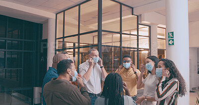 Buy stock photo Team, discussion and business people with face mask in office for social distance, talking and safety. Staff, ppe and employees with health protocol, policy or stop virus together in workplace.
