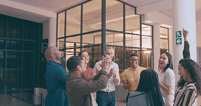 Buy stock photo Business people, team and celebration at startup, applause and circle at night with support for goals. Men, women and group for achievement, motivation and success in dark office at creative agency