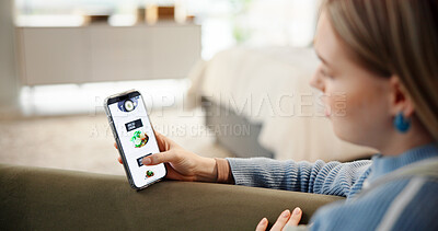 Buy stock photo Woman, hands and customer with phone screen or menu for food, online restaurant or order in home. Female person, user or browsing with mobile smartphone display for takeaway app, choice or selection