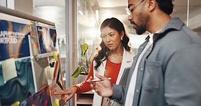 Buy stock photo Board, creative agency and business people in office, brainstorming and cooperation for project. Employees, professional and feedback with ideas, planning and graphic design with schedule or research