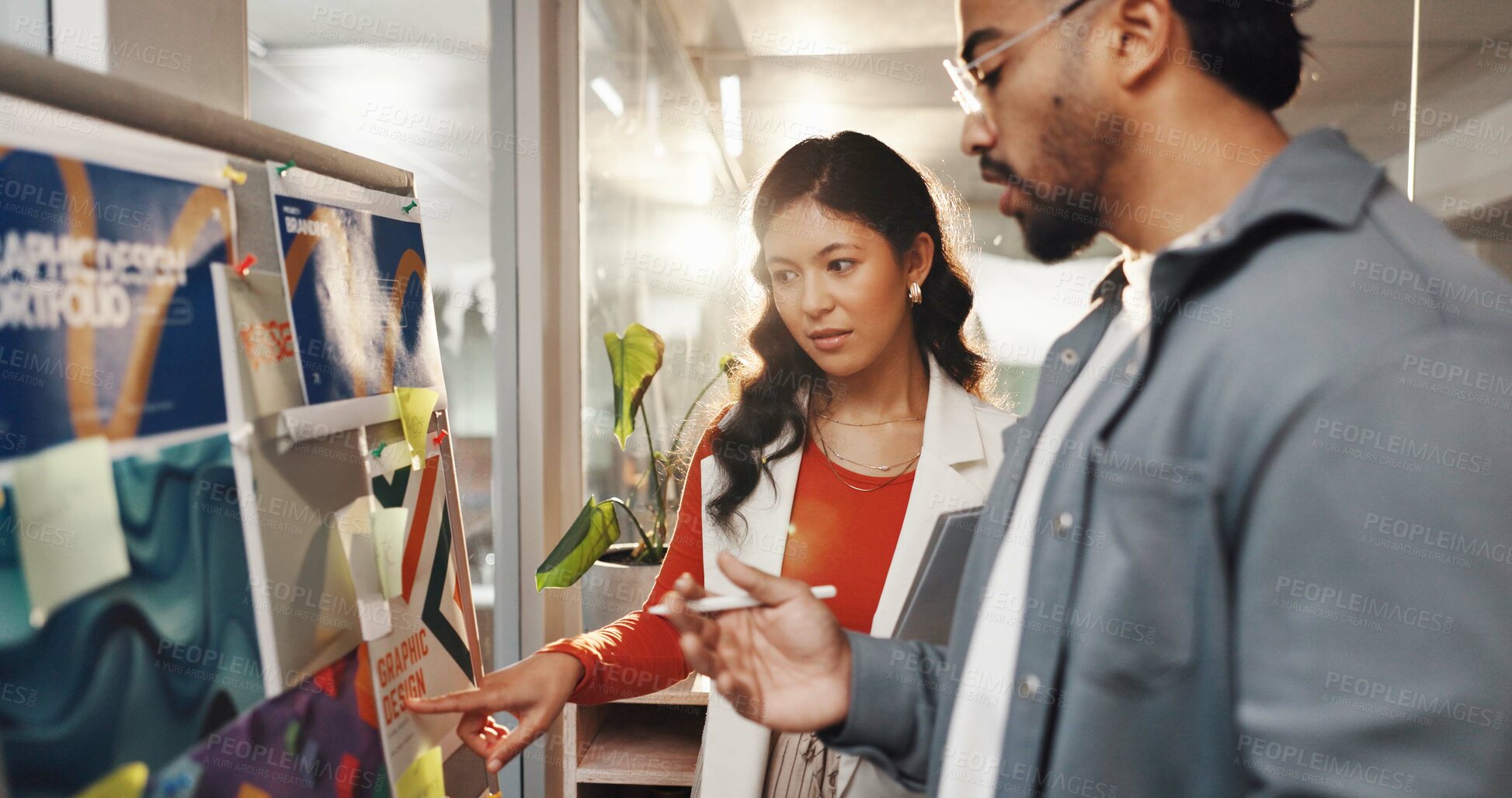 Buy stock photo Board, creative agency and business people in office, brainstorming and cooperation for project. Employees, professional and feedback with ideas, planning and graphic design with schedule or research