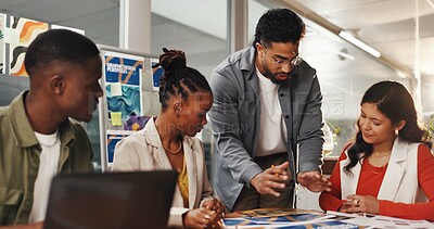 Buy stock photo Creative, layout and man with team in meeting for feedback, online planning and project ideas. Startup agency, collaboration and workers brainstorming for design process, website UI and strategy