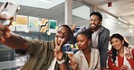 Happy people, group or peace sign with selfie for photography, picture or memory in office. Excited, employees or creative colleagues with smile or emoji for capture moment or friendship in workplace