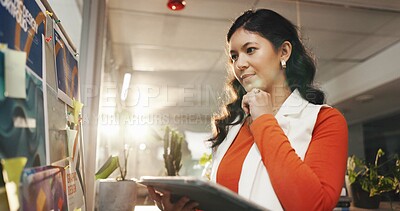 Buy stock photo Graphic design, thinking and woman with tablet for inspiration, portfolio and research moodboard. Creative agency, person and project management, proposal and documents for ideas or vision in office