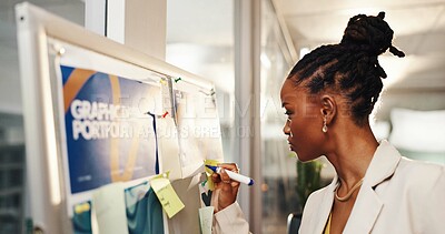 Buy stock photo Writing, board and planning with business black woman in office for graphic designer, task manager and idea. Project update, portfolio briefing and client agenda with employee in media agency
