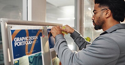Buy stock photo Graphic design, sticky note and businessman for inspiration with portfolio, research and mood board. Creative agency, man and project management, proposal and documents for ideas or vision in office