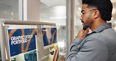 Buy stock photo Graphic design, thinking and businessman for inspiration with portfolio, research and moodboard. Creative agency, man and project management, proposal and documents for ideas or vision in office