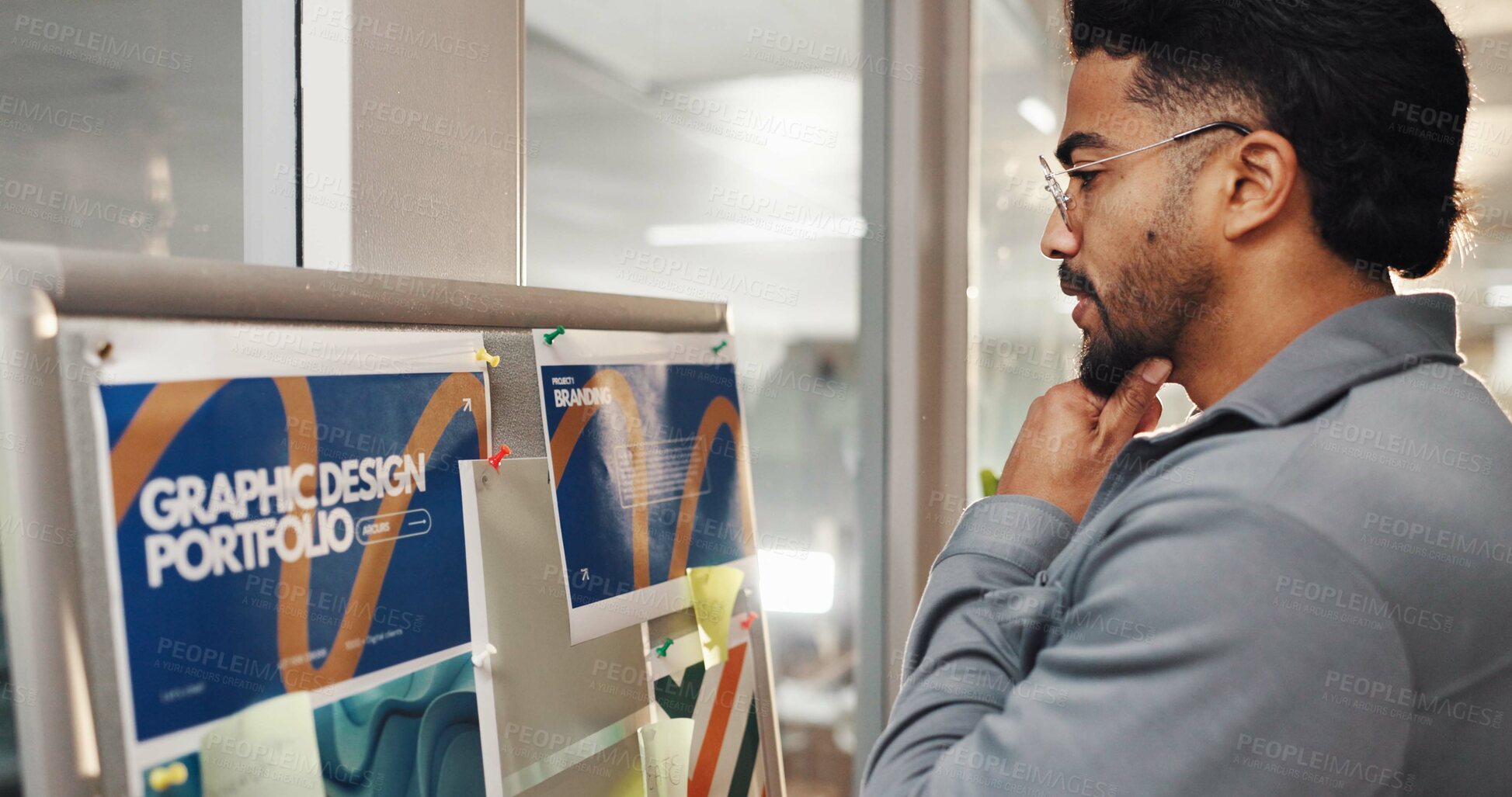 Buy stock photo Graphic design, thinking and businessman for inspiration with portfolio, research and moodboard. Creative agency, man and project management, proposal and documents for ideas or vision in office