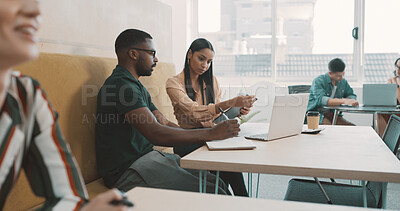 Buy stock photo Laptop, discussion and business people in office for research on creative project with collaboration, Coworking, conversation and editors with computer for online article publishing in workplace.
