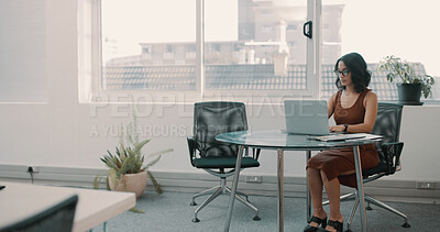 Buy stock photo Office, admin and business woman on laptop for hr management, compliance and company policy. Professional, corporate space and person on computer for online recruitment, staff report and planning
