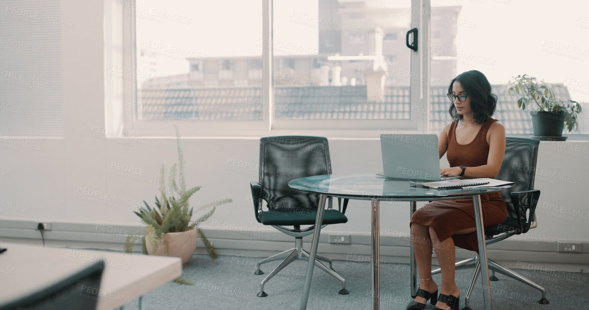 Buy stock photo Office, admin and business woman on laptop for hr management, compliance and company policy. Professional, corporate space and person on computer for online recruitment, staff report and planning