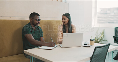 Buy stock photo Business people, laptop and teamwork in office for advice, training and problem solving. Administration, manager and writing notes in agency for feedback, help and assistance with learning software