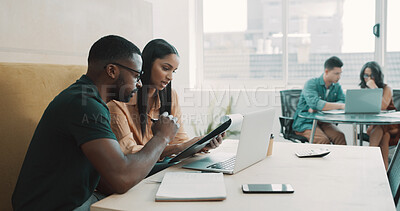 Buy stock photo Collaboration, laptop and notepad with business people in coworking office together for meeting. Computer, idea and vision with employee team in workplace for development, discussion or planning