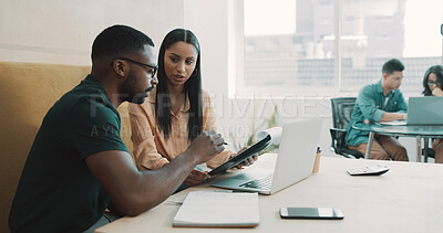 Buy stock photo Collaboration, laptop and notepad with designer people in coworking office together for meeting. Business, computer and vision with employee team in workplace for development, ideas or planning