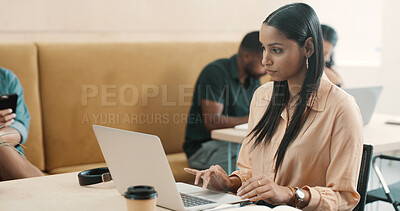 Buy stock photo Woman, laptop and remote work in cafe for creative writing, journalism or proofreading article for agency. Email, feedback or review of information with freelancer for online publication in cafeteria
