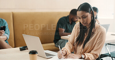 Buy stock photo Woman, laptop and remote work in cafe with notes for creative writing, journalism or ideas for blog. Information, planning and review with female freelancer for online publication in coffee shop
