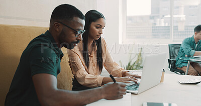 Buy stock photo Collaboration, laptop and writing with business people in coworking office for meeting. Computer, ideas and vision with employee team in design workplace together for development or planning