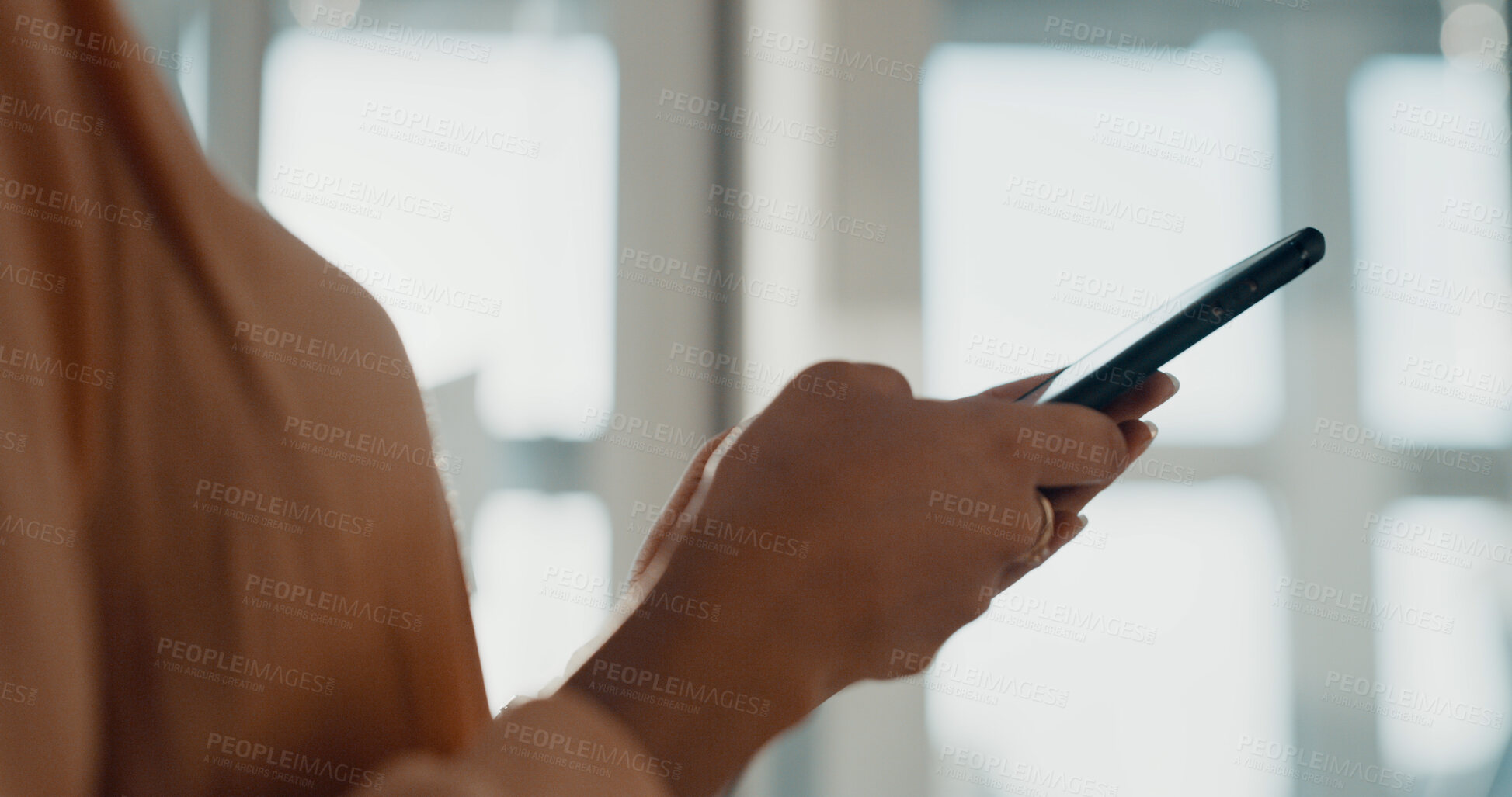 Buy stock photo Phone, typing and hands of business woman online for social media, internet news and browse website. Corporate, office and person on smartphone for research, connection and email communication