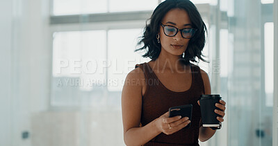 Buy stock photo Phone, walking and business woman with coffee for social media, internet news and browse website. Corporate, office and person on smartphone for research, connection and email communication in lobby