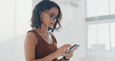 Buy stock photo Phone, office and business woman online for social media, internet news and browse website. Company, worker and person on smartphone for research, connection and email communication in lobby