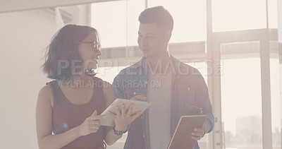Buy stock photo Tablet, research and team with business people in office for planning, social media marketing or email. Public relations agent, campaign engagement report and partner with employees in startup agency